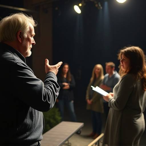 Director Charles Dubois giving instructions to actors on stage during a workshop