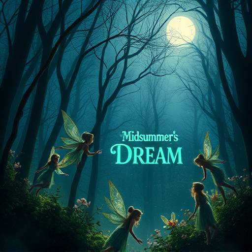 Poster for 'A Midsummer Night's Dream' student production, featuring fairies and forest imagery
