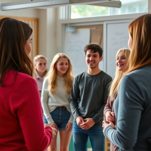 Students participating in an acting workshop, laughing and engaged